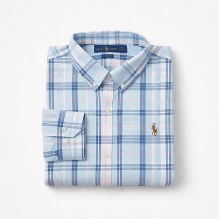 Men's Premium Plaid Oxford Embroidered Long Sleeve Shirt - Light Blue