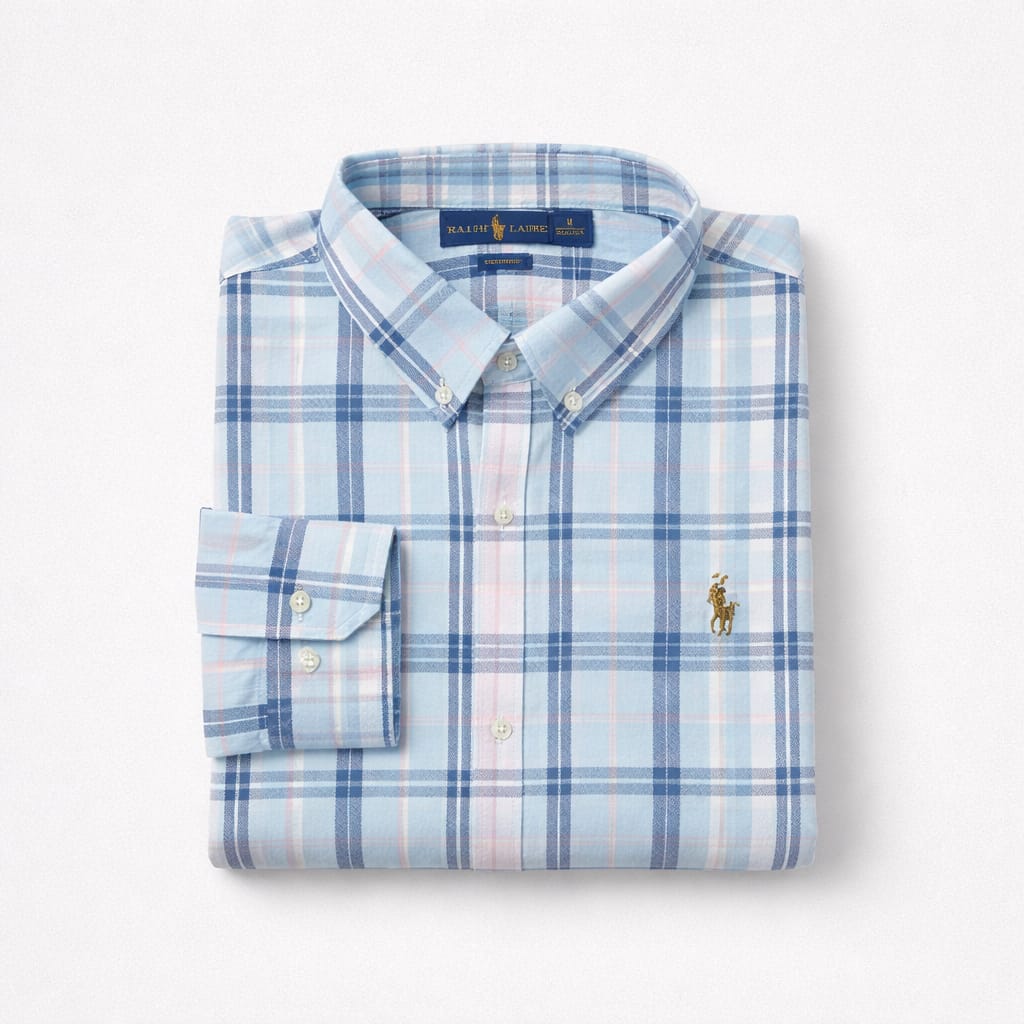 Men's Premium Plaid Oxford Embroidered Long Sleeve Shirt - Light Blue