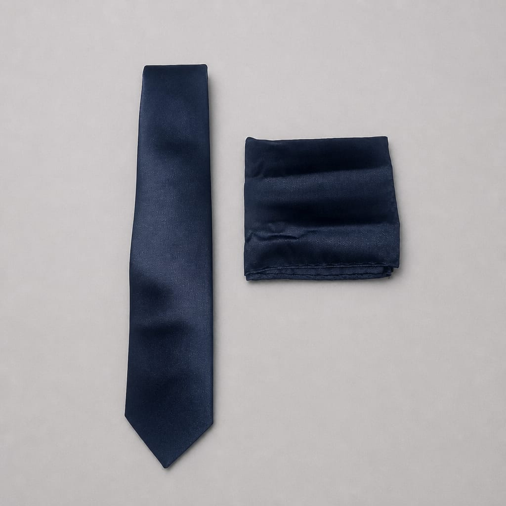 Men’s Classic Solid Tie with Pocket Square - Navy Blue - Image 2