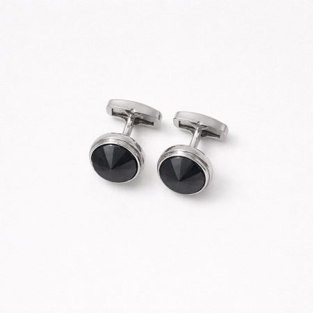 Men’s Polished Silver-Tone Round Cufflinks With Black Faceted Stone