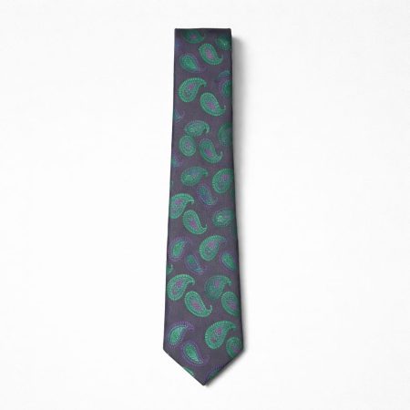 Elegant Purple Paisley Tie & Pocket Square Set With Green Detailing For Men