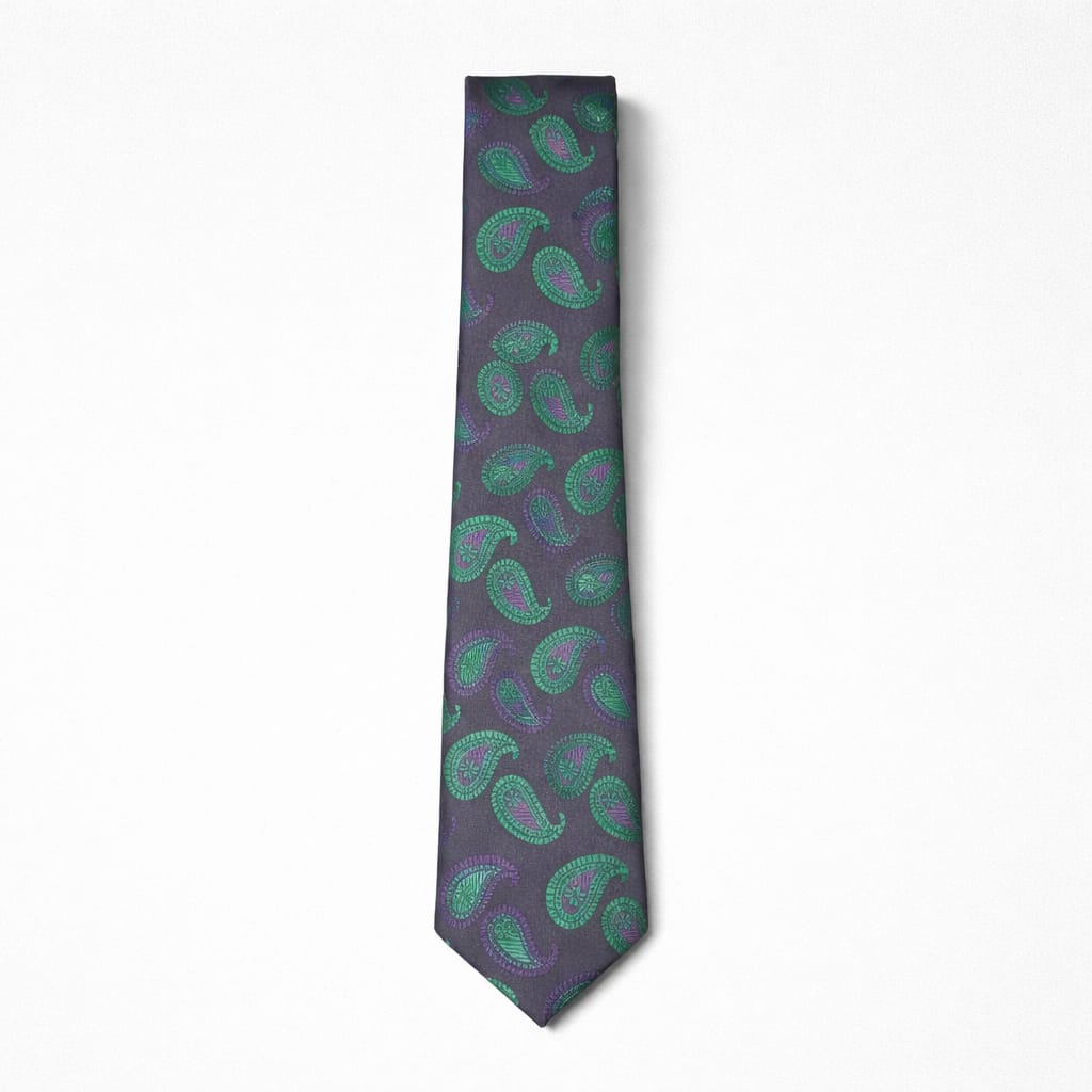 Elegant Purple Paisley Tie & Pocket Square Set With Green Detailing For Men