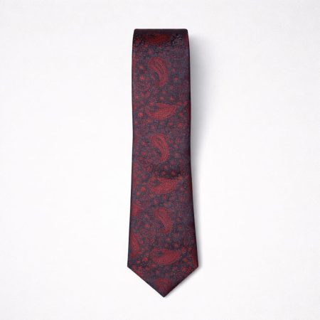 Men’s Premium Paisley Tie & Pocket Square Set - Navy Blue / Crimson Red