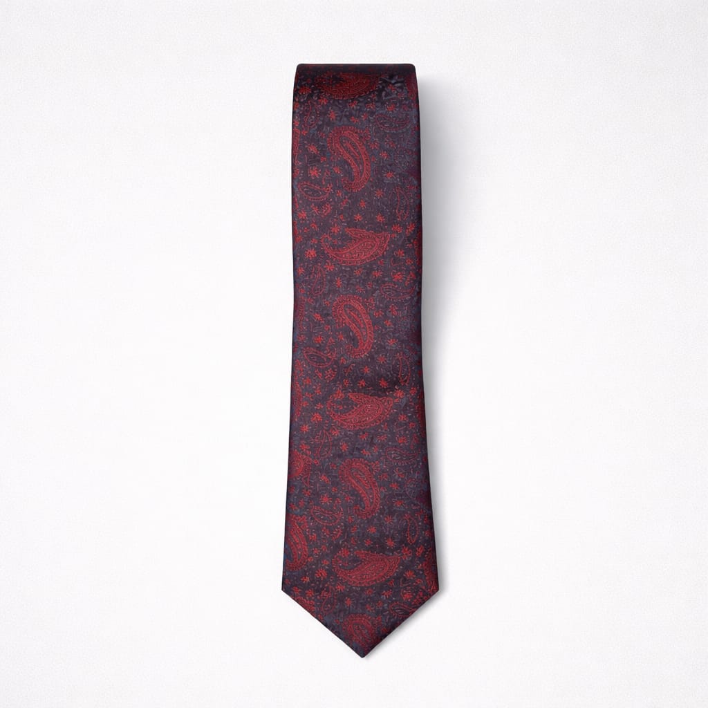 Men’s Premium Paisley Tie & Pocket Square Set - Navy Blue / Crimson Red