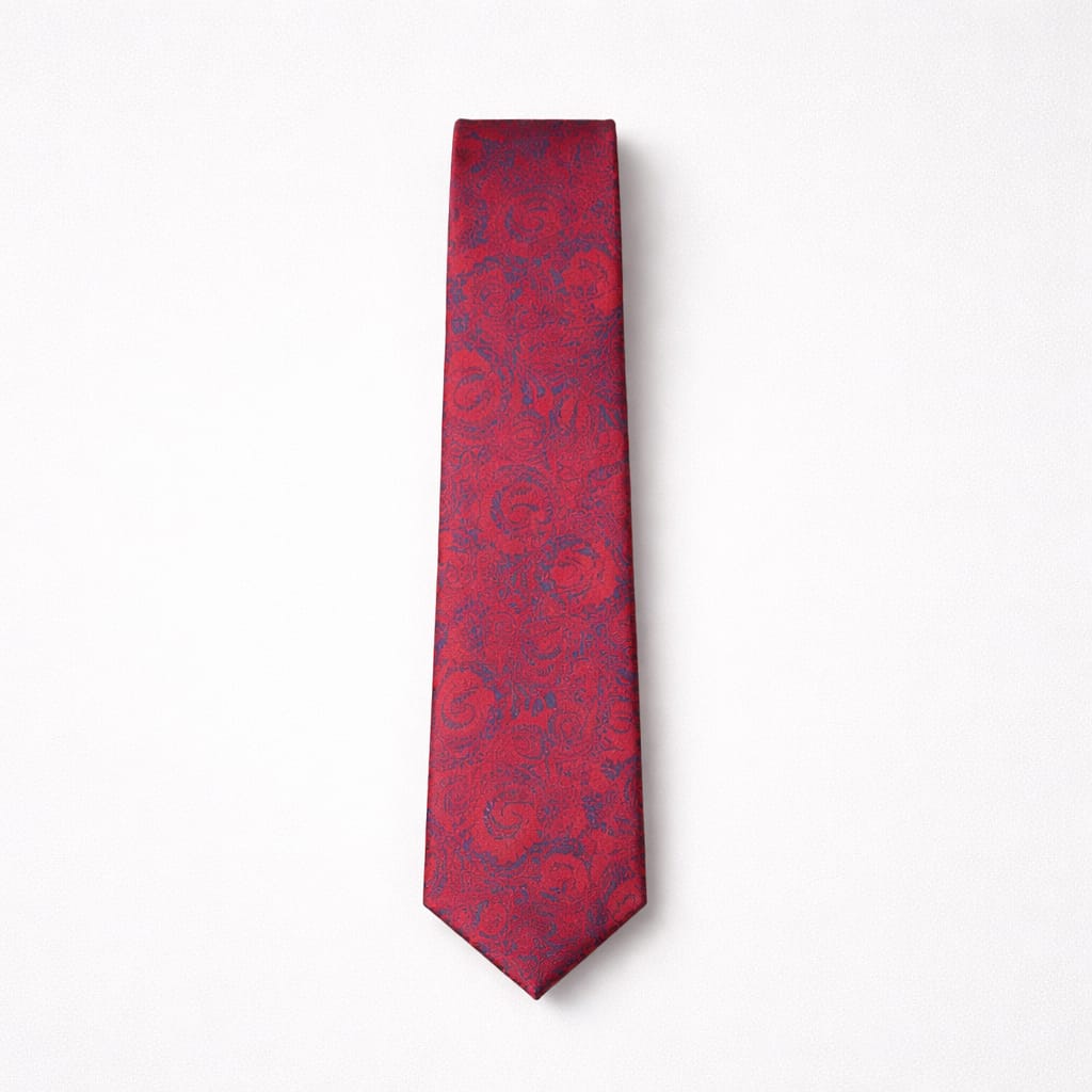 Men’s Luxury Paisley  Tie & Pocket Square Set - Burgundy Red / Navy Blue