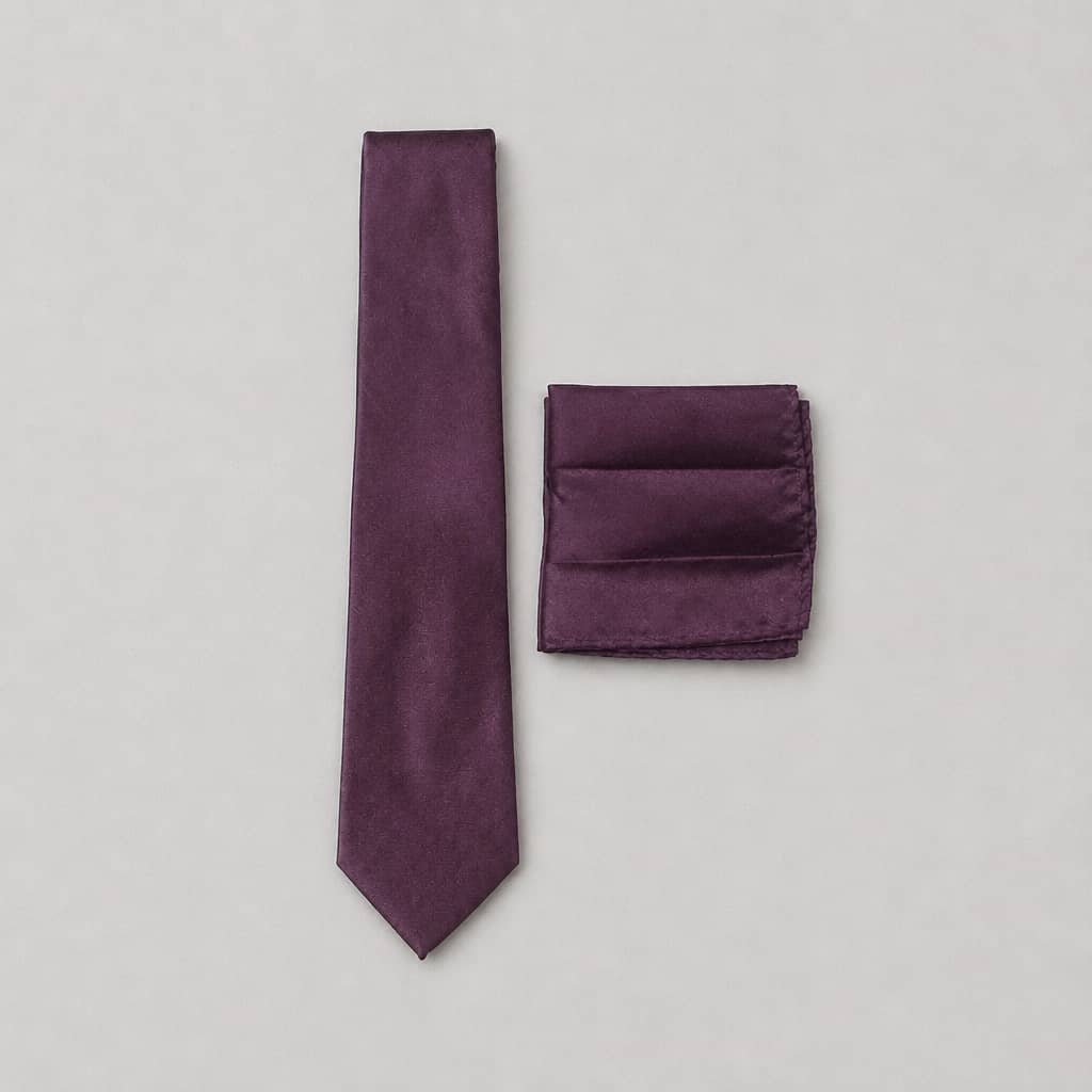 Men's Satin Neck Tie with Matching Pocket Square - Dark Purple - Image 2