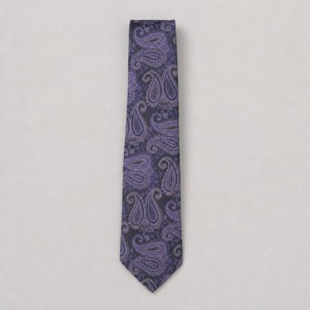 Men's Paisley Neck Tie with Matching Pocket Square - Deep Navy Blue/ Lilac Purple/Purple
