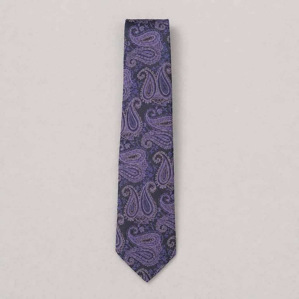 Men's Paisley Neck Tie with Matching Pocket Square - Deep Navy Blue/ Lilac Purple/Purple