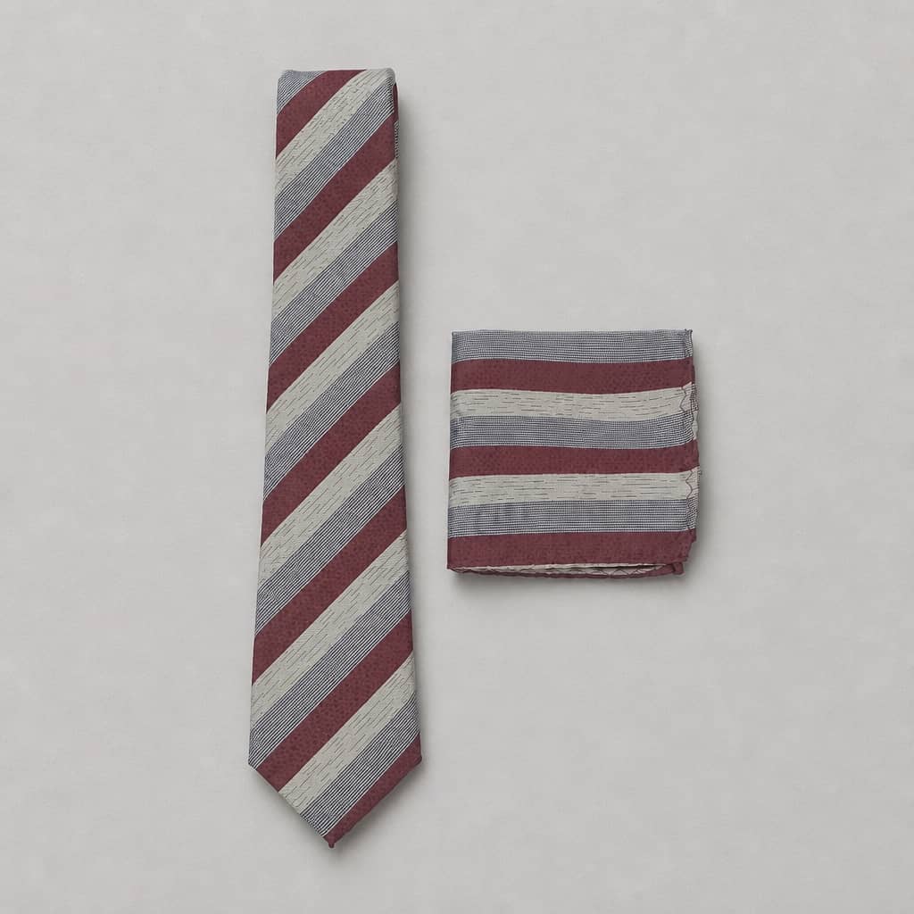 Men's Diagonal Striped Neck Tie with Matching Pocket Square - Burgundy/White/Grey - Image 2