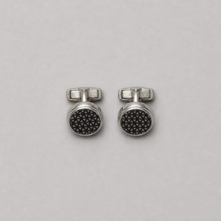 Men’s Silver-Tone Round  Geometric Cufflinks - Silver / Black Accent
