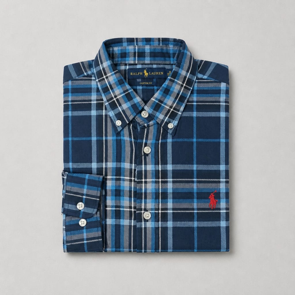 Men’s Premium Plaid Long Sleeve Shirt - Navy Blue/Light Blue/White