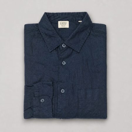 Celio Men’s Linen Long Sleeve Shirt - Dark Indigo Blue