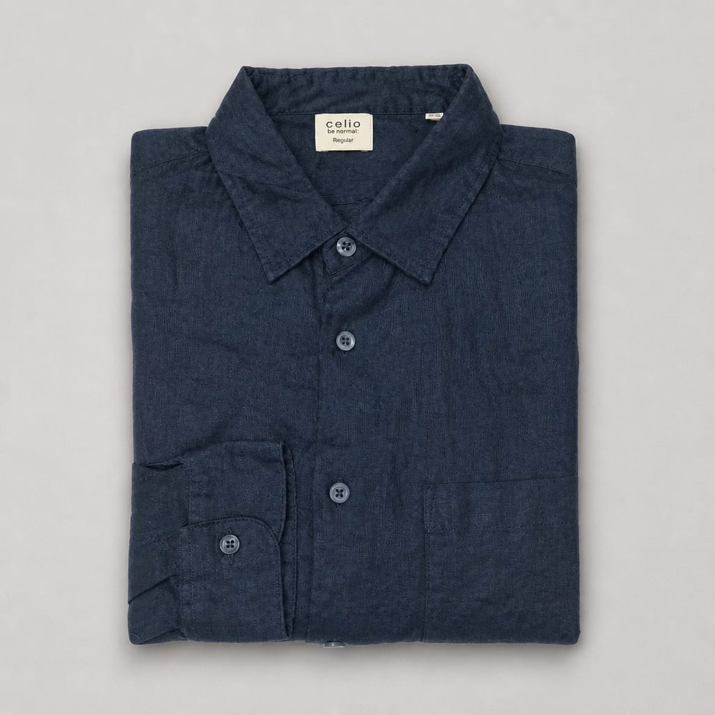 Celio Men’s Linen Long Sleeve Shirt - Dark Indigo Blue