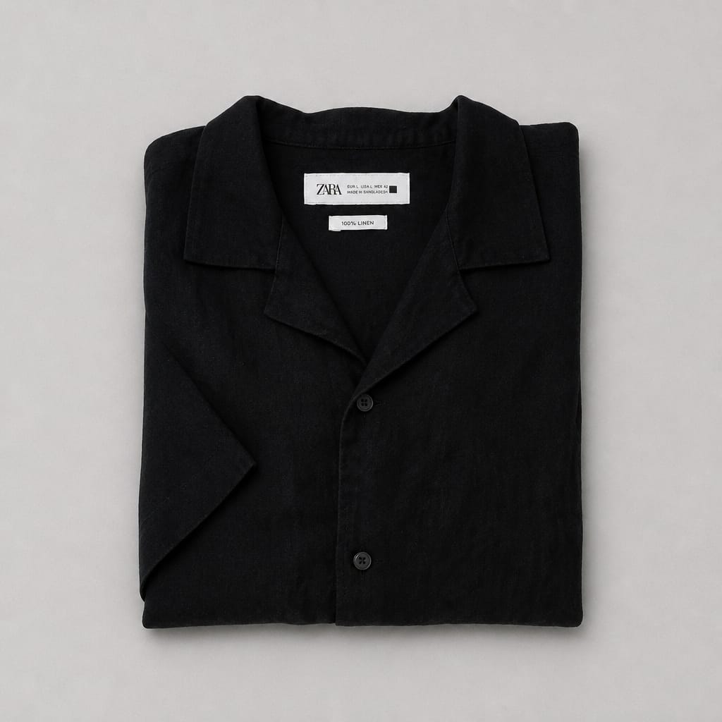 Zara Men's Black Linen Camp Collar Short Sleeve Shirt - Black