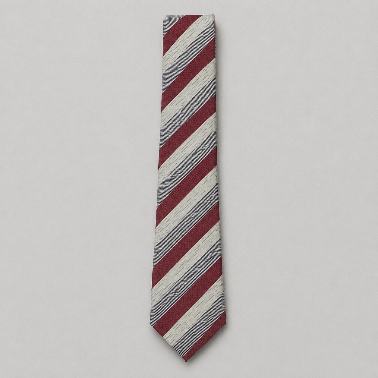 Men's Diagonal Striped Neck Tie with Matching Pocket Square - Burgundy/White/Grey