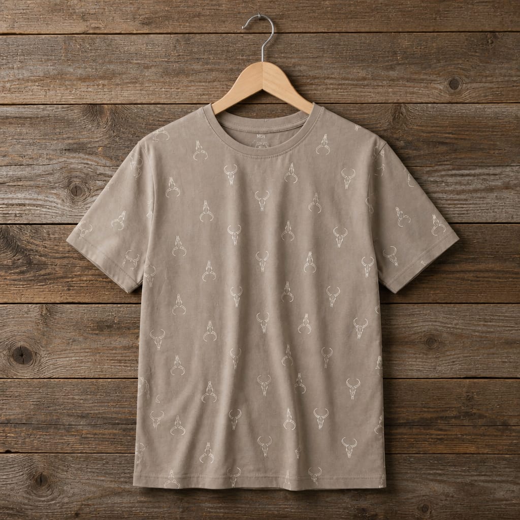Men's All-Over Bull Skull Print Crew Neck Short Sleeve T-Shirt - Stone Beige