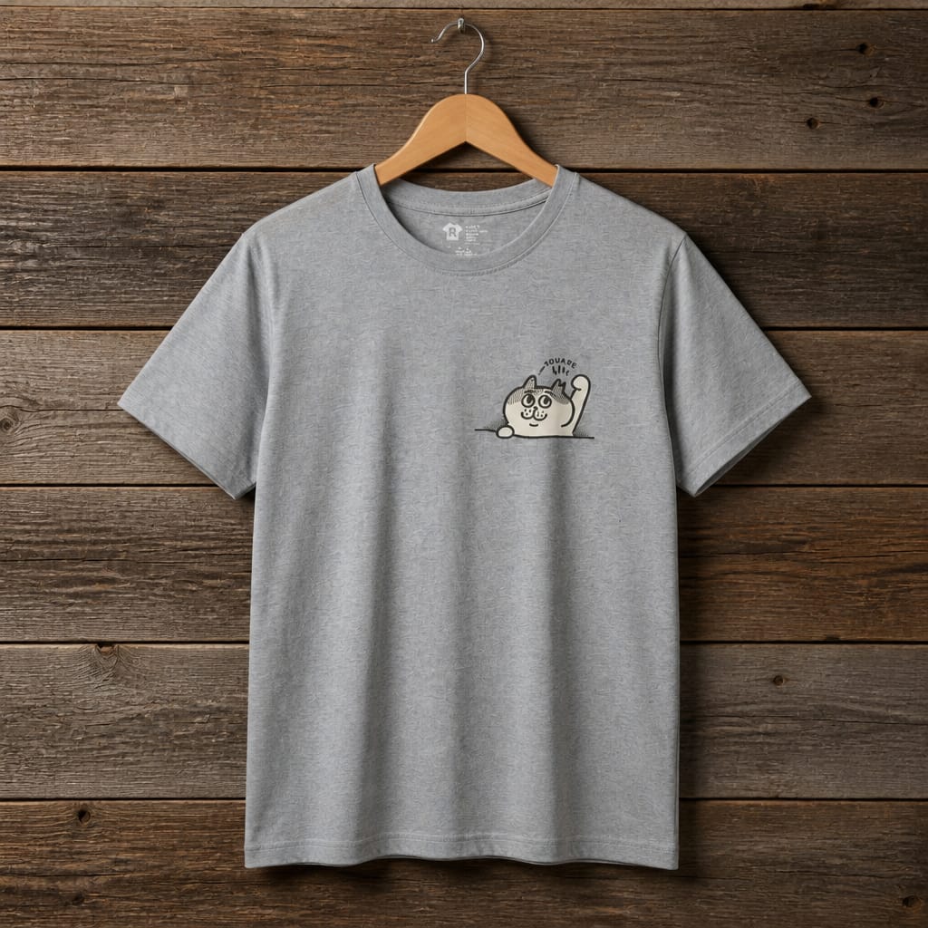 Men's Light Cat Graphic Crew Neck Cotton T-Shirt - Grey