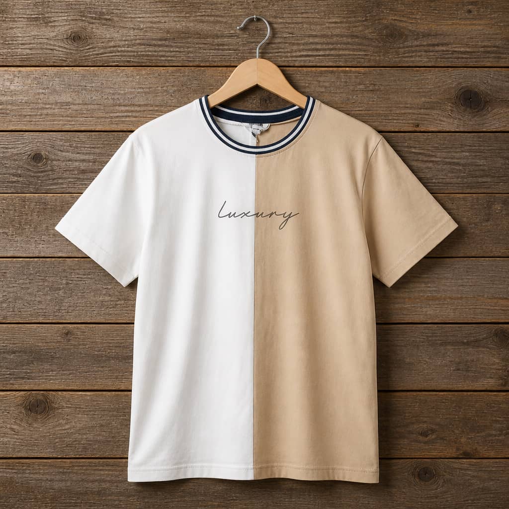 Men's Color Block Crew Neck T-Shirt with Minimal Script Print – White / Beige