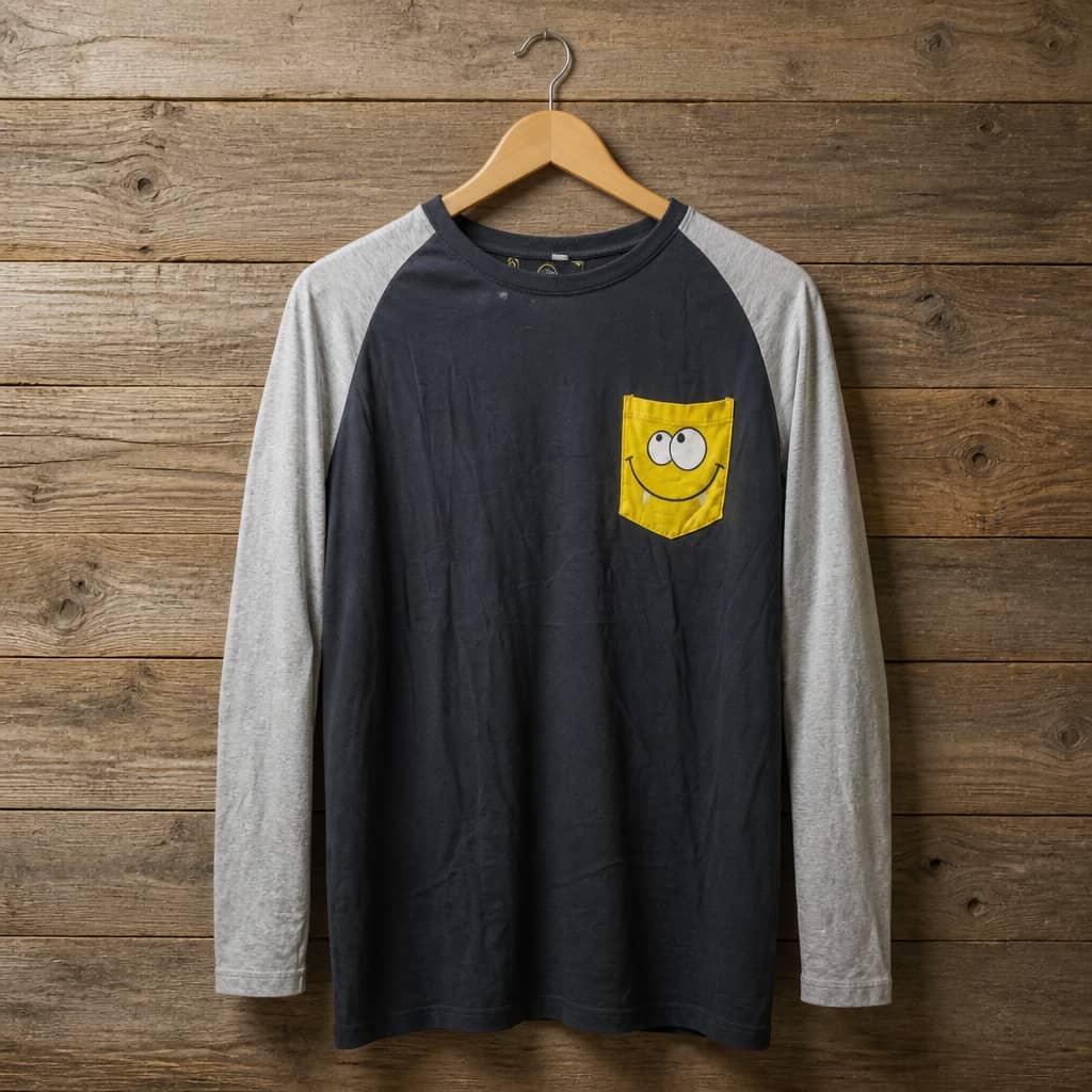 Men's Long Sleeve Raglan Crew Neck T-Shirt With Smiley Pocket - Black / Grey / Yellow