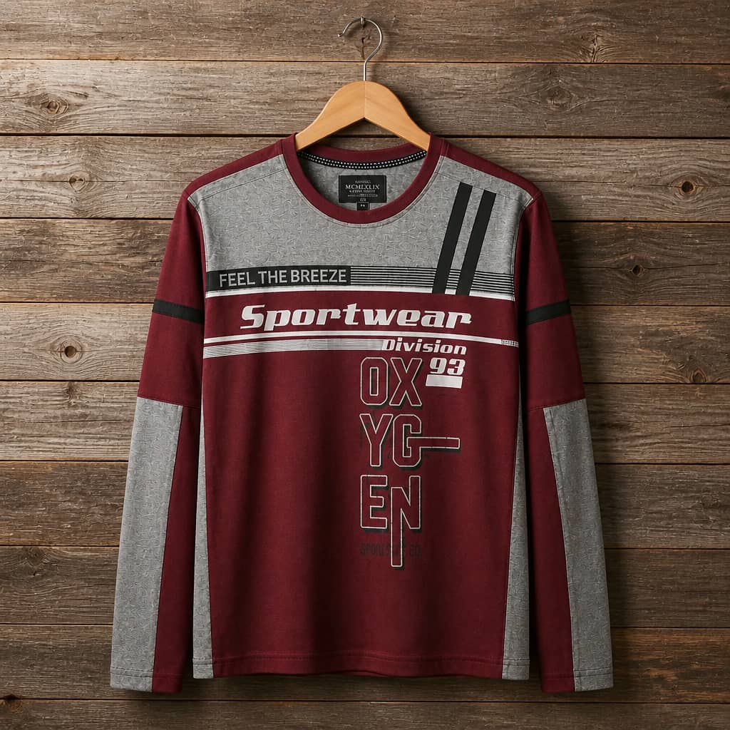 Men's Long Sleeve Graphic Colour Block Crew Neck T-Shirt - Burgundy / Grey